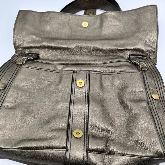 Kooba Leather Expandable Shoulder Handbag Tote Metallic Pewter - Picture 6 of 8